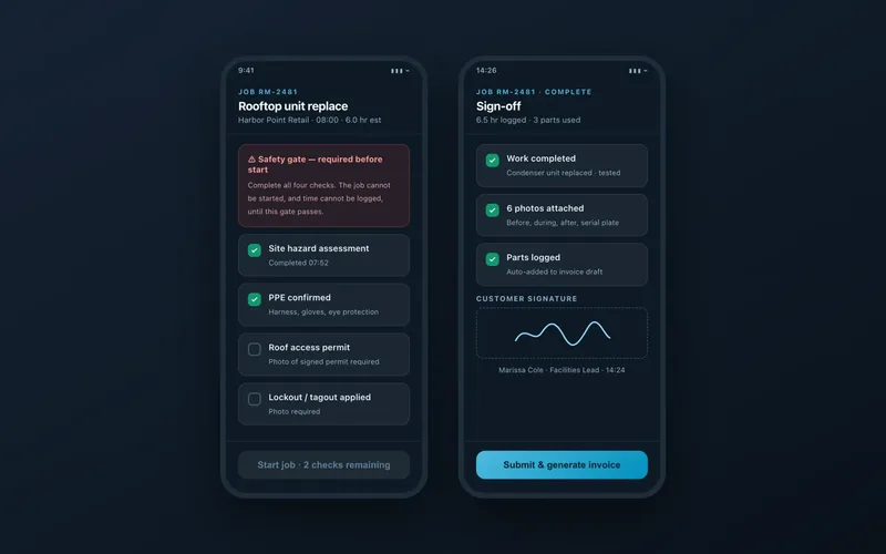 The crew app on two phones